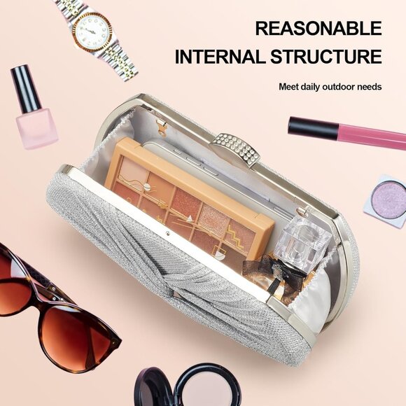 Women's Wedding Evening Silver Glitter Clutch Sparkly Detachable Chain Hand Bag - Picture 5 of 6